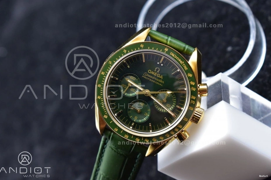 Gold Green Manual Speedmaster Green YG in Dial Chrono Strap Leather on RMF Moonshine Moonwatch Edition Best 0701